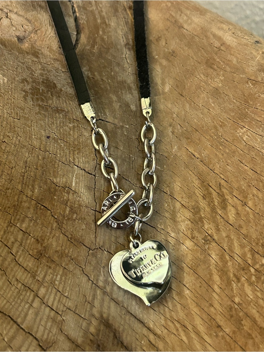 Tiffany & Co. Silver Heart Tag Pendants on Black Leather Cord Bvlgari Necklace